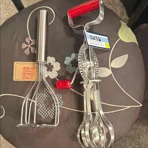 2 pcs New Retro style Red and Silver Hand Mixer and potato masher